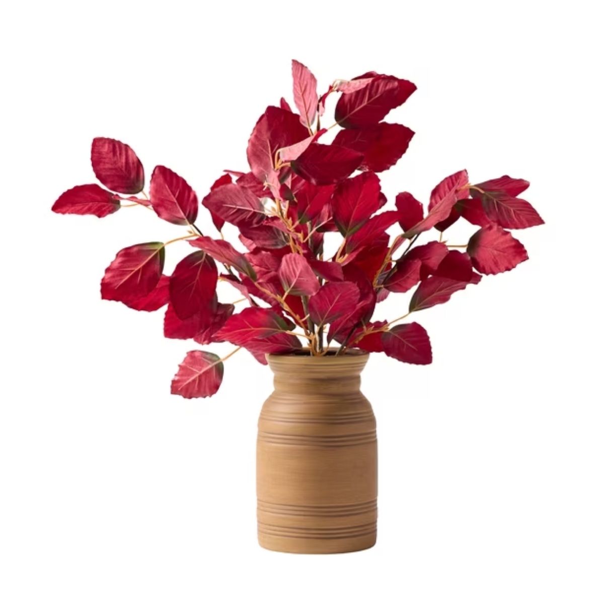 Better Homes and Gardens 19.5"H Artificial Real Touch Burgundy Leaves in 7.38"H Brown Ceramic Vase Made for Tabletops - 1.76 lbs