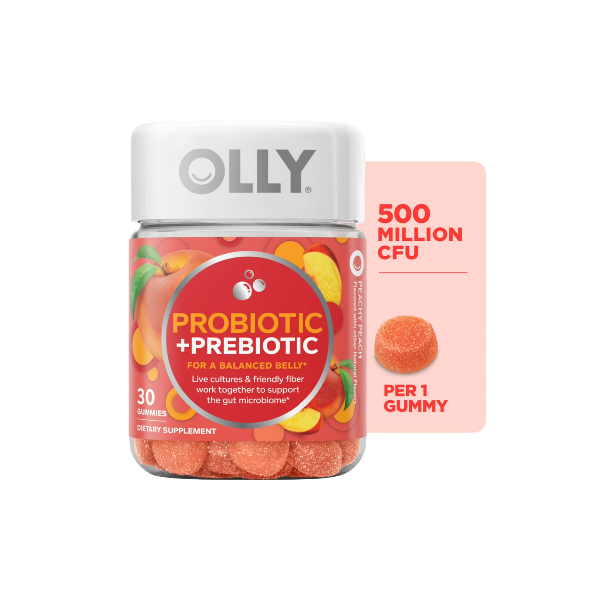 OLLY Probiotic + Prebiotic Fiber Gummy, Digestive + Gut Health Supplement for Adults, Peach, 30 Count