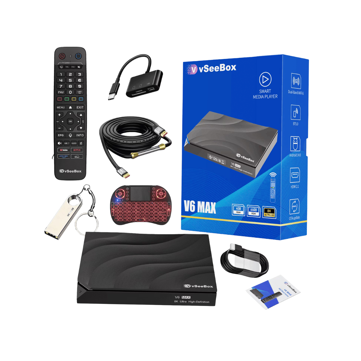 Vseebox V6 Max 2026 Android 14 TV Box, 8K HDRi 4GB+64GB Wi-Fi6 Parental Control