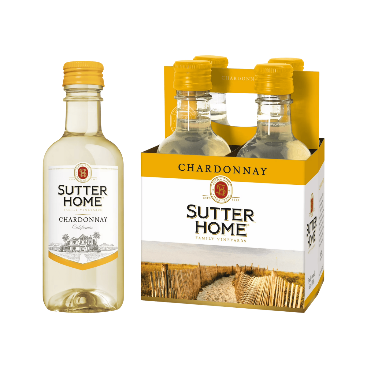 Sutter Home Chardonnay California White Wine, 4 Pack, 187 ml Glass Bottles, 13.5% ABV
